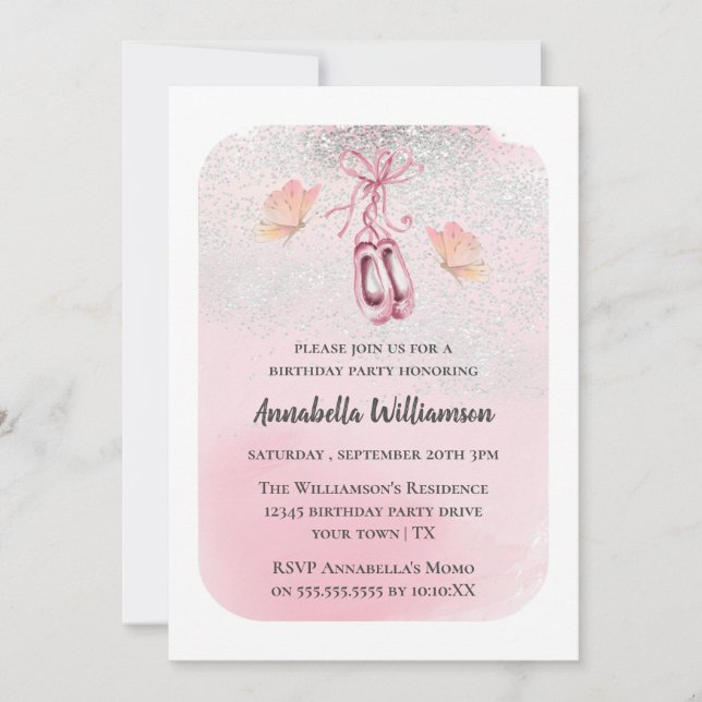 Pink Ballet Shoes & Butterfly Birthday Party  Invitation (Front)