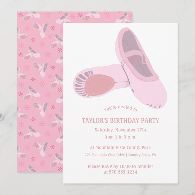 Pink Ballet Shoes on White Custom Birthday Party Invitation (Front/Back)