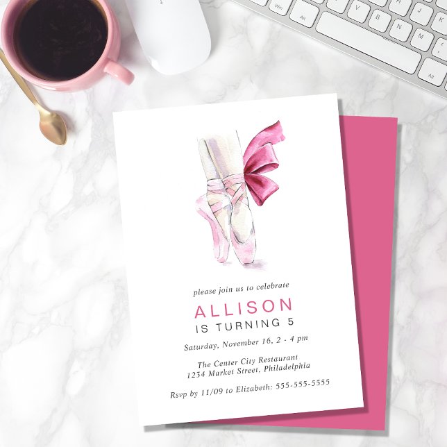 Pink Ballet Shoes Watercolor Birthday Party Invitation (Creator Uploaded)