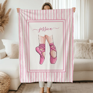 Pink Ballet Shoes with Watercolor Stripes Fleece Blanket
