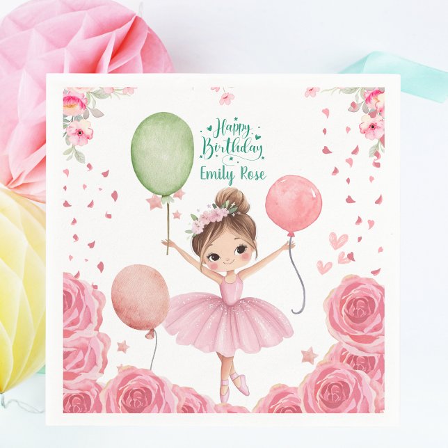 Pink Ballet Theme with Name & Balloons Napkin (Personalized Ballerina Birthday Party Napkins - Pink Ballet Theme with Name & Balloons)