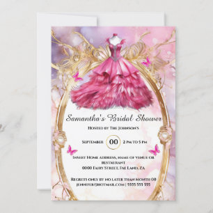Pink ballgown floral butterfly bride to be bridal  invitation