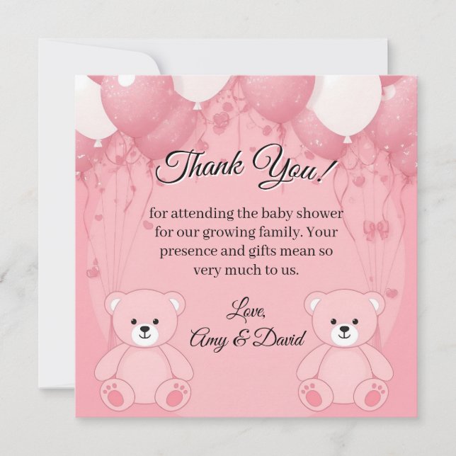 Pink Ballon and Teddy Bear Thank You Card (Front)