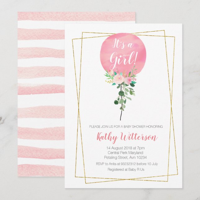 Pink Ballon It's a girl baby shower Invitation (Front/Back)