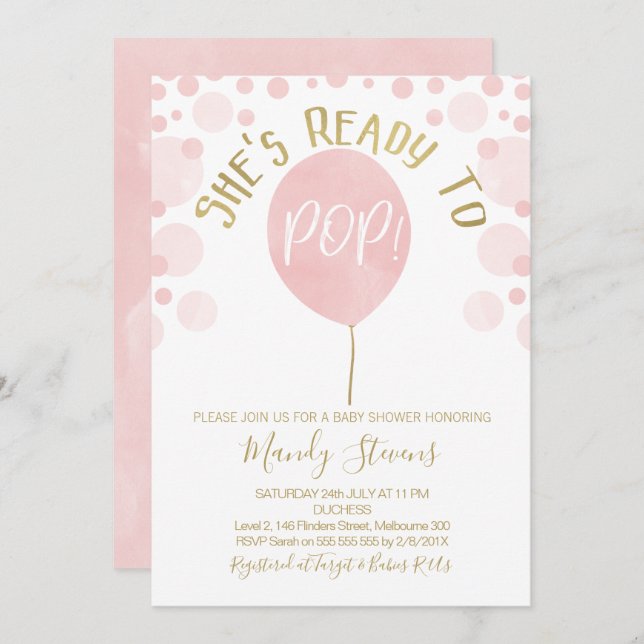 Pink Ballon Ready To Pop Baby Shower Invitation (Front/Back)