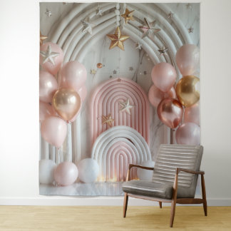 Pink Ballons and Gold Stars Photo Party Banner Tapestry