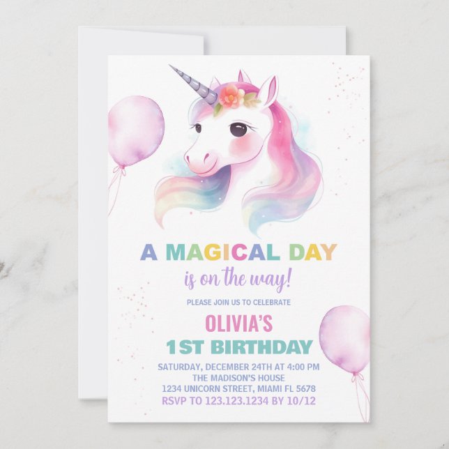 Pink Ballons Unicorn Birthday Invitations (Front)