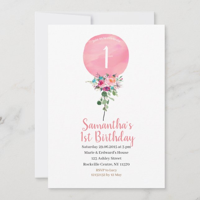 Pink Balloon 1st Birthday Invitation (Front)