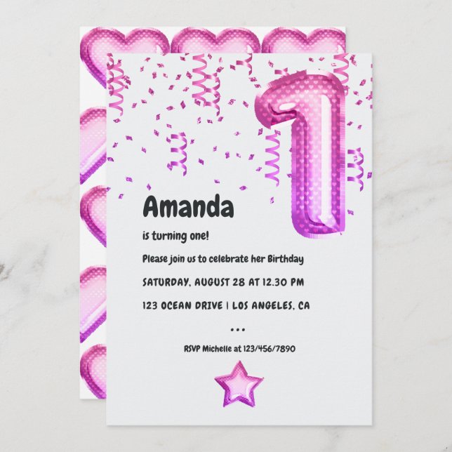 Pink Balloon 1st Birthday Party Invitation (Front/Back)