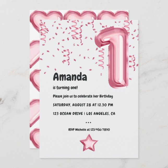 Pink Balloon 1st Xmas Birthday Invitation (Front/Back)