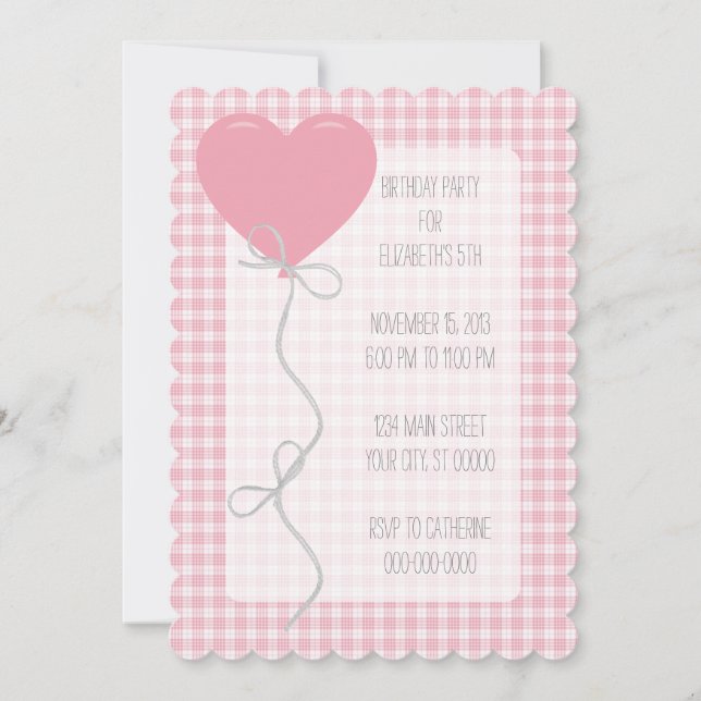 Pink Balloon and Gingham Birthday Invitation (Front)
