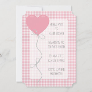 Pink Balloon and Gingham Birthday Invitation