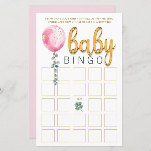 Pink Balloon Baby Shower Bingo Game Card (Front/Back)