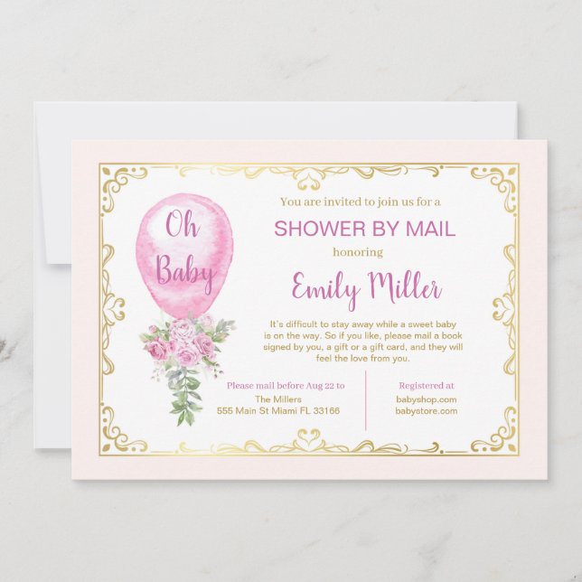 Pink balloon baby shower invitation (Front)