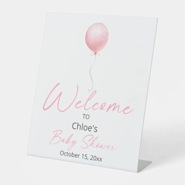 Pink Balloon Baby Shower Welcome Pedestal Sign (Front)