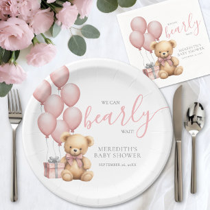Pink Balloon Bear Baby Shower Paper Plate