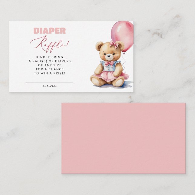 Pink Balloon Bear Diaper Raffle Girl Baby Shower Enclosure Card (Front/Back)