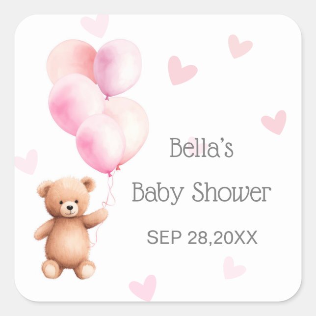 Pink Balloon Bear Heart Baby Shower Square Sticker (Front)