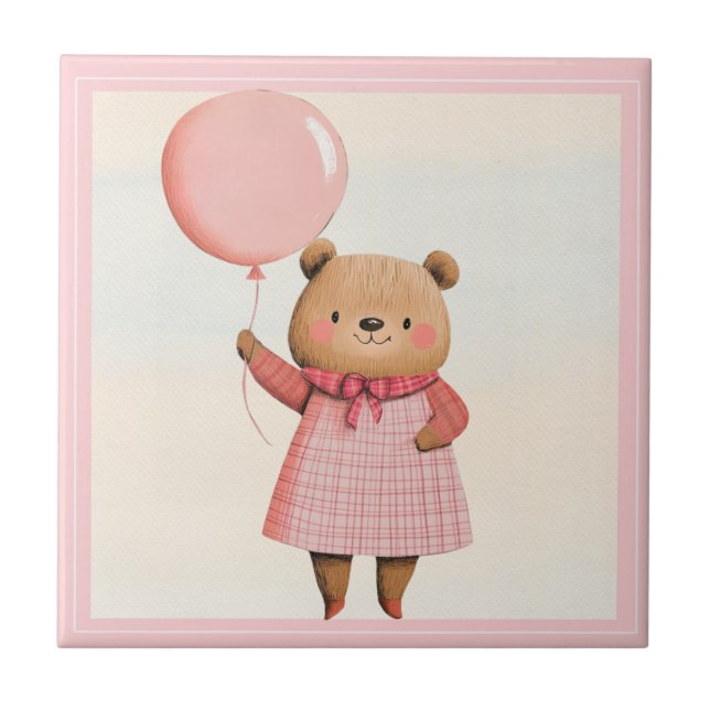 Pink Balloon Bear with Plaid Outfit Ceramic Tile (Front)