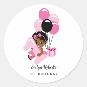 Pink Balloon Black Baby Girl First Birthday Classic Round Sticker