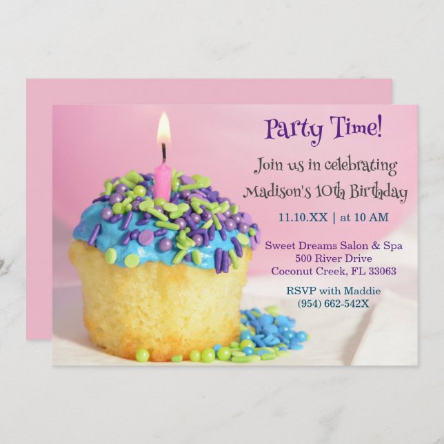 Pink Balloon blue cupcake Birthday Invitation (Front/Back)