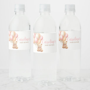 Pink Balloon Boho Bear Baby Shower Water Bottle Label