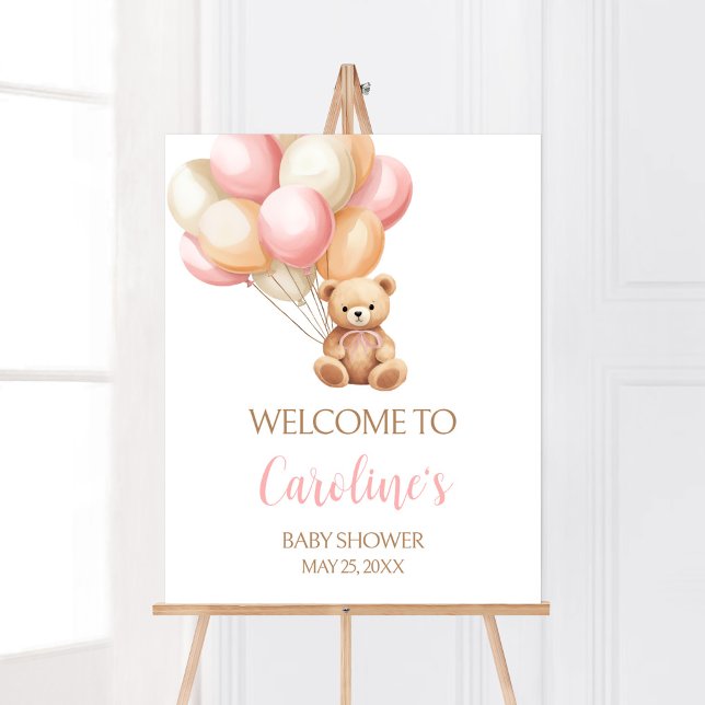 Pink Balloon Boho Bear Baby Shower Welcome Poster (We Can Bearly Wait Girl Baby Shower Welcome Sign)