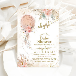 Pink Balloon Boho Floral Pampas Baby Girl Shower Invitation