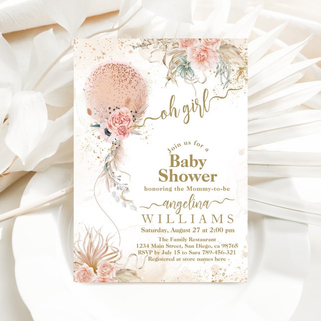Pink Balloon Boho Floral Pampas Baby Girl Shower Invitation (Creator Uploaded)