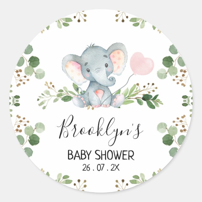 Pink Balloon Elephant Baby Shower Sticker (Front)