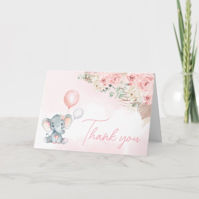 Pink Balloon Elephant Baby Shower Thank You Card (Front)