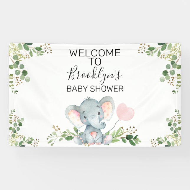Pink Balloon Elephant Foliage Baby Shower Welcome  Banner (Horizontal)