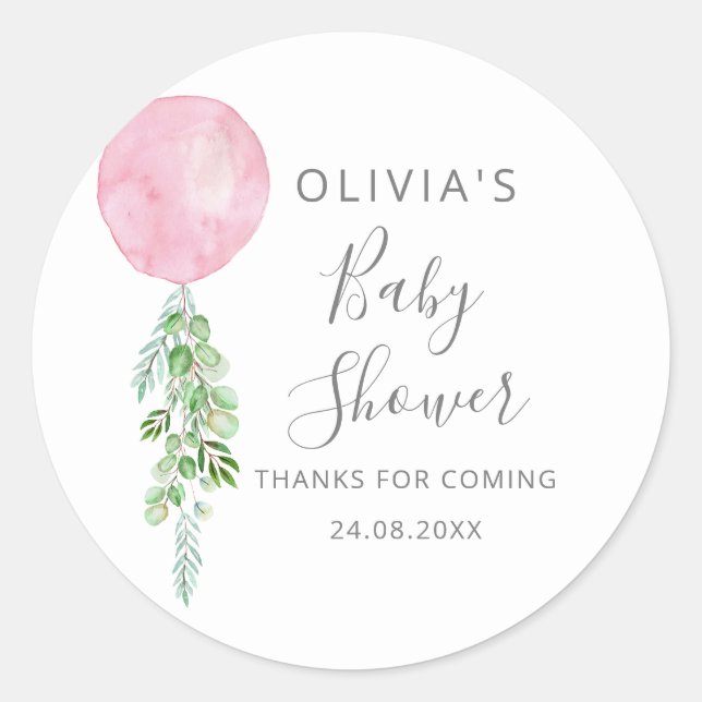  Pink Balloon Eucalyptus Baby Shower Classic Round Sticker (Front)