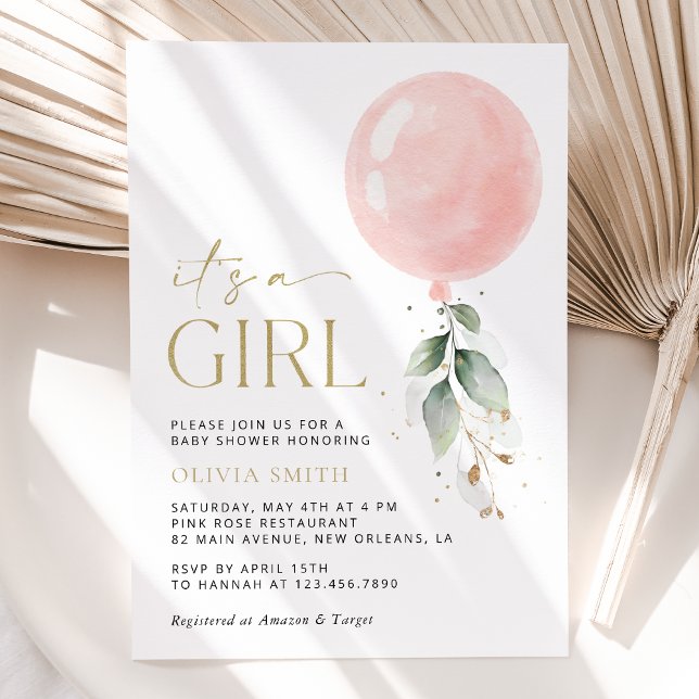 Pink Balloon, Eucalyptus, Greenery, Baby Shower Invitation (Creator Uploaded)