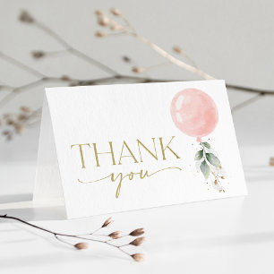 Pink Balloon, Eucalyptus, Greenery, Baby Shower Thank You Card