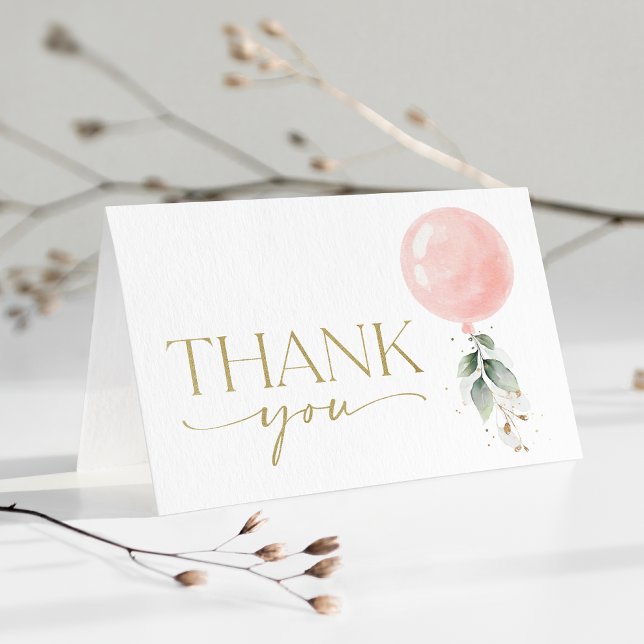 Pink Balloon, Eucalyptus, Greenery, Baby Shower Thank You Card (Creator Uploaded)