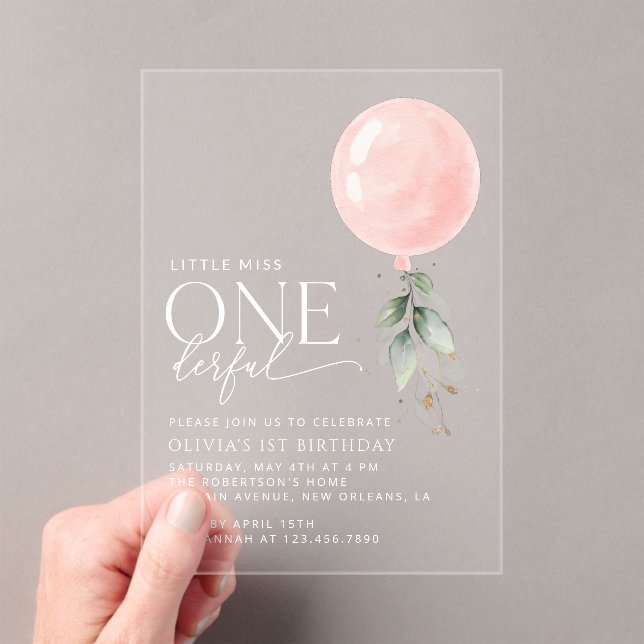 Pink Balloon, Eucalyptus, Greenery, First Birthday Acrylic Invitations (Insitu (Handheld))