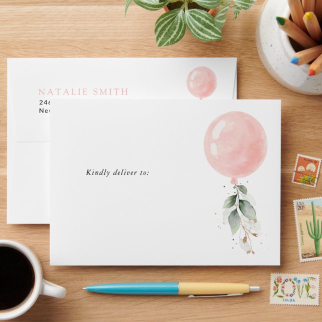 Pink Balloon, Eucalyptus, Greenery, First Birthday Envelope (Desk)