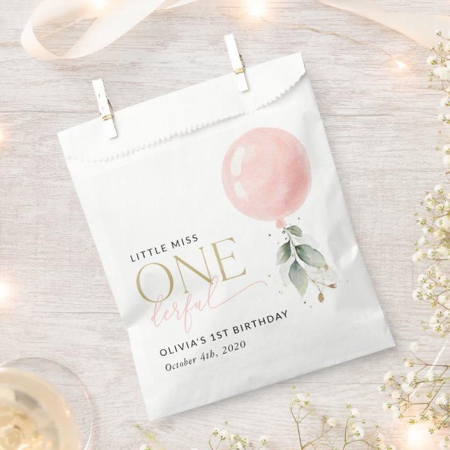 Pink Balloon, Eucalyptus, Greenery, First Birthday Favour Bag (Clipped)