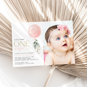 Pink Balloon, Eucalyptus, Greenery, First Birthday Invitation