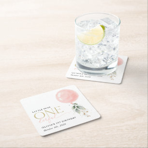 Pink Balloon, Eucalyptus, Greenery, First Birthday Square Paper Coaster