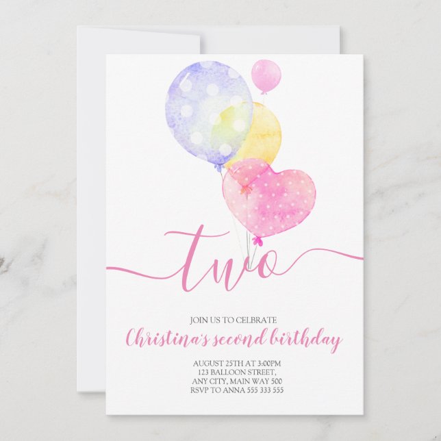 Pink Balloon Girl 2nd Birthday Two Second Birthday Invitation (Front)