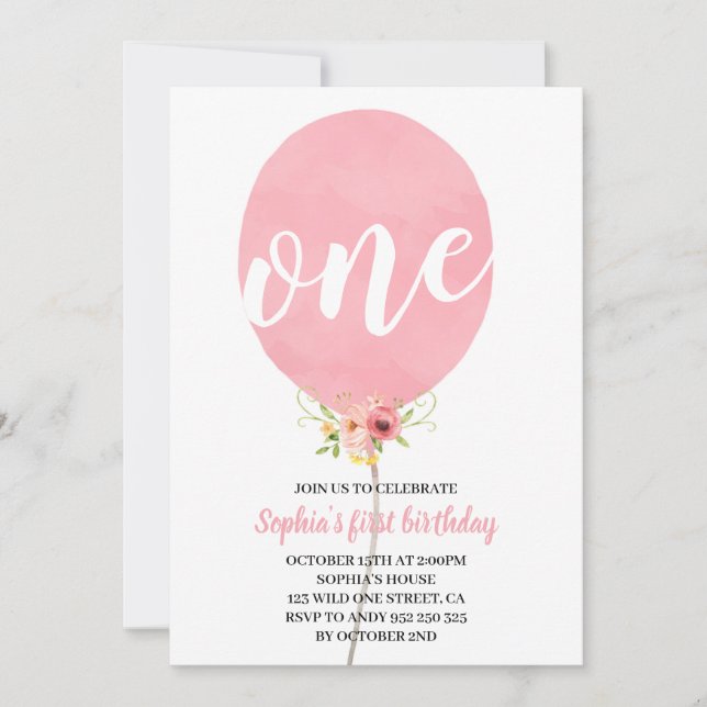 Pink Balloon Girl First Birthday Invitation (Front)