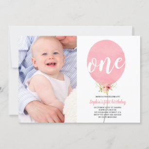 Pink Balloon Girl First Birthday with Photo Cute Invitation
