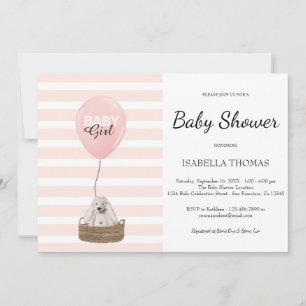 Pink balloon Girl Pink Stripes Baby Shower Invitation