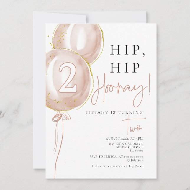 Pink Balloon Girl Second Birthday Invitation (Front)