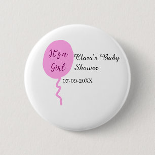 Pink balloon it's a girl baby shower add name date 6 cm round badge