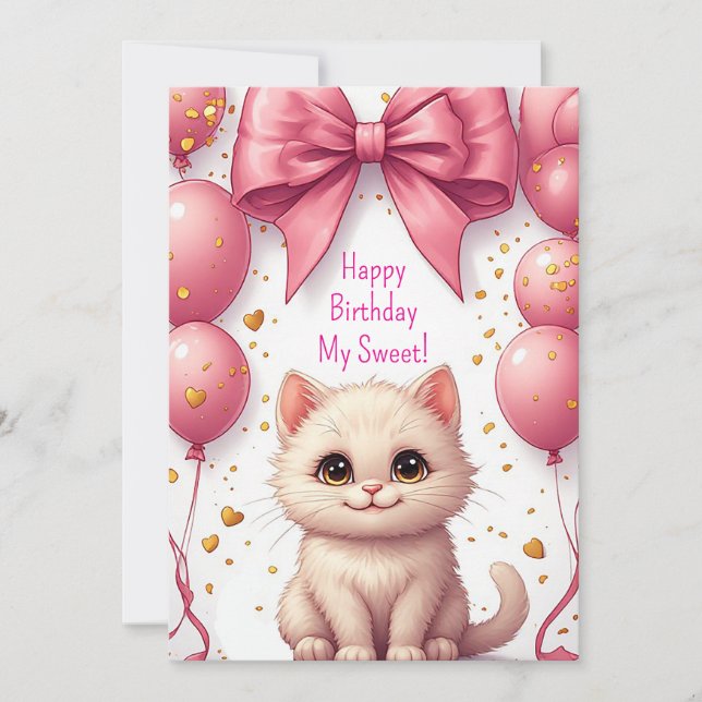 Pink Balloon Kitten Birthday Party 🐱 (Front)