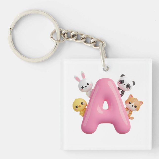 Pink Balloon Letter A Forest Animals Acrylic  Key Ring (Front)