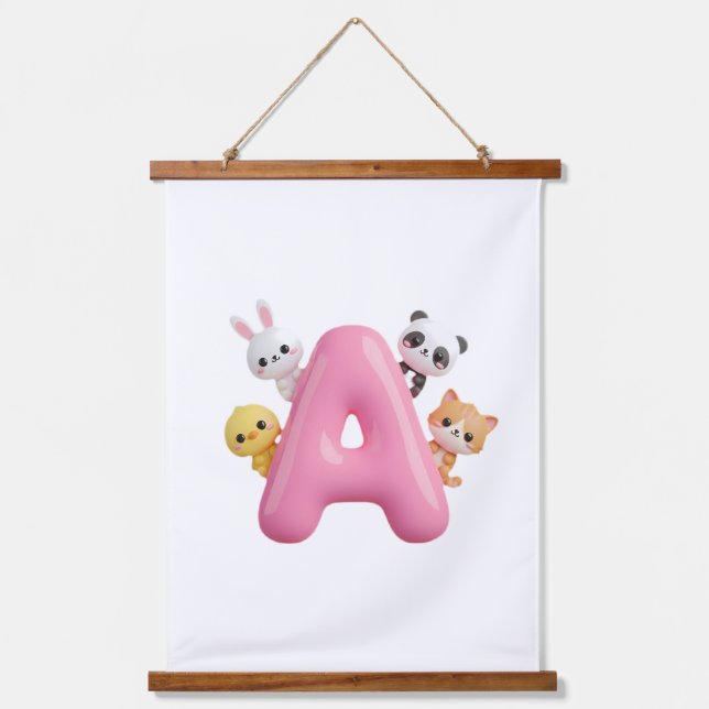 Pink Balloon Letter A Forest Animals Wall Tapestry (Front)